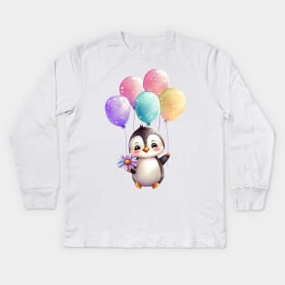 baby penguin holds balloon Kids Long Sleeve T-Shirt